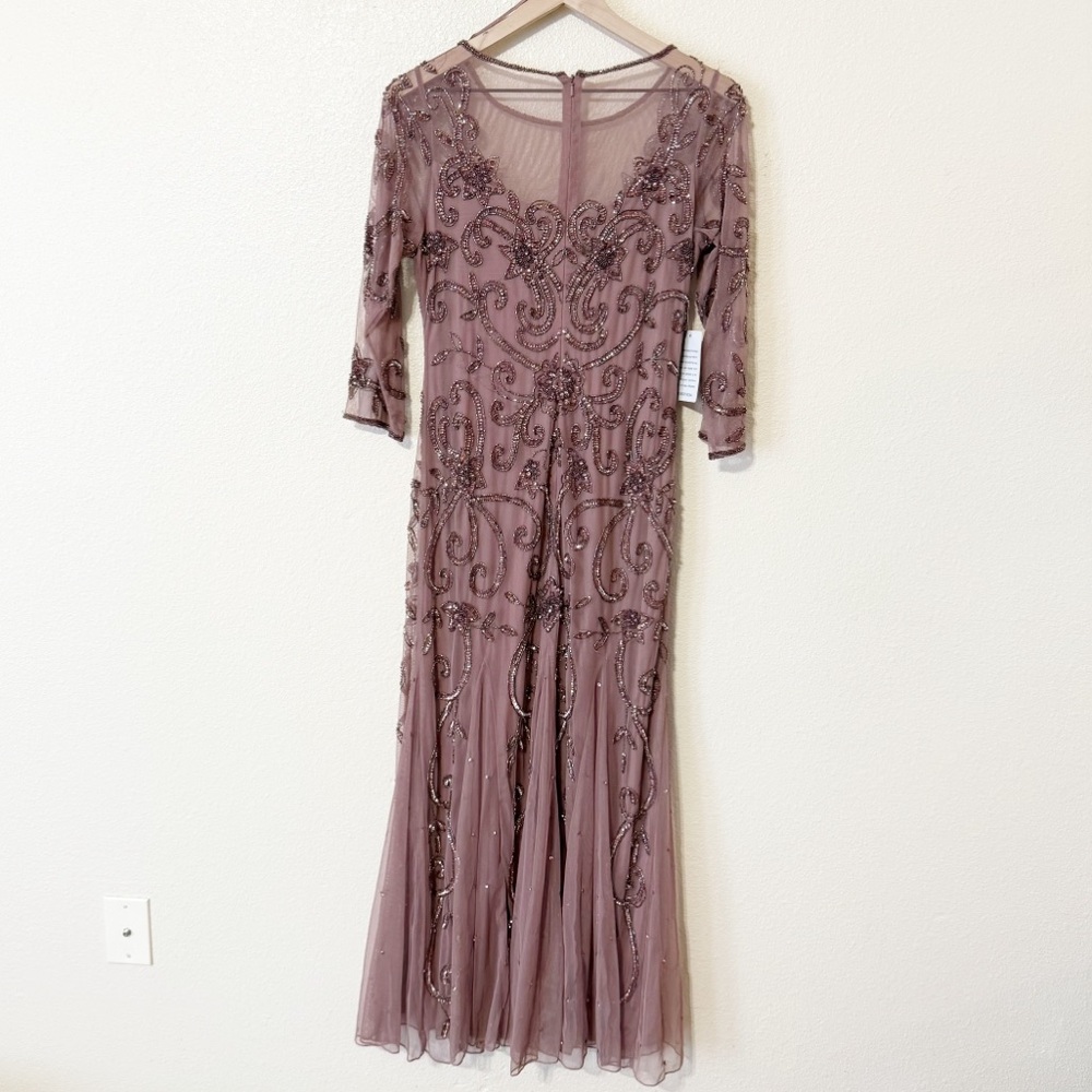 Pisarro Nights Beaded Illusion Neck Gown Mauve Tulle Flare Godet Hem Midi Size 6 - Picture 5 of 14